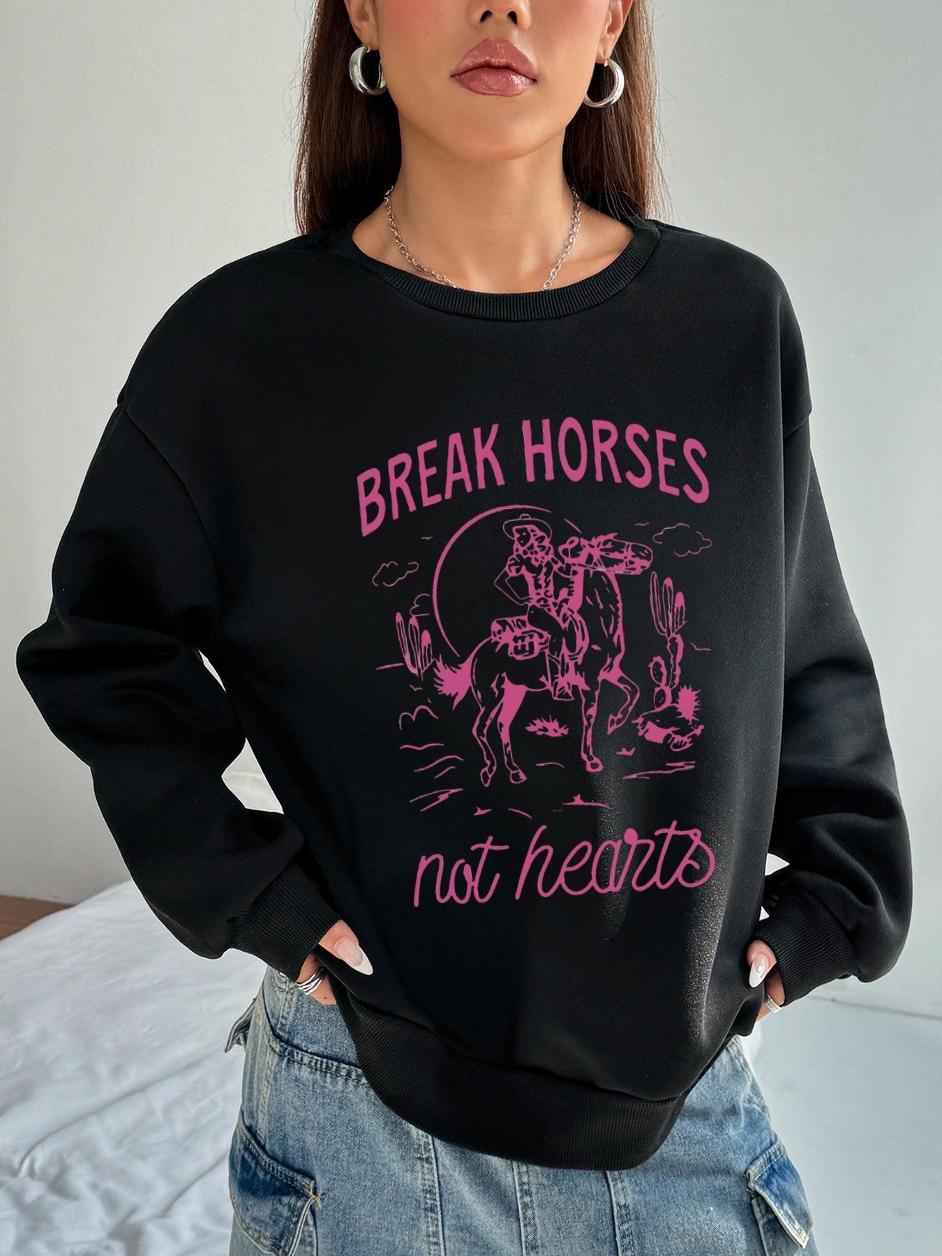 Women Pink Break Horses Graffiti Pattern Temperament Sweatshirt