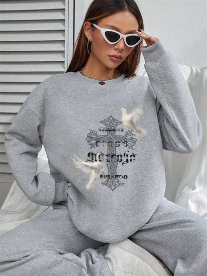 Women White Dove Cross Printed Crew Neck Pullover