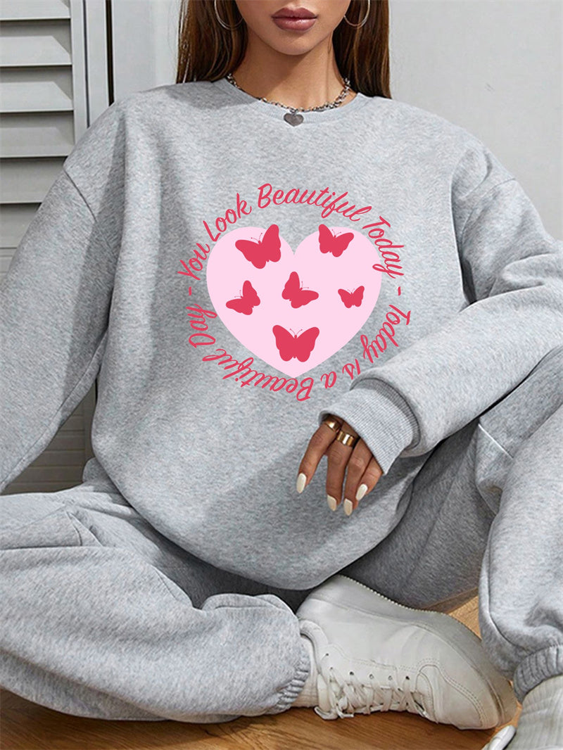 Women Heart Butterfly Print Casual Sweatshirt