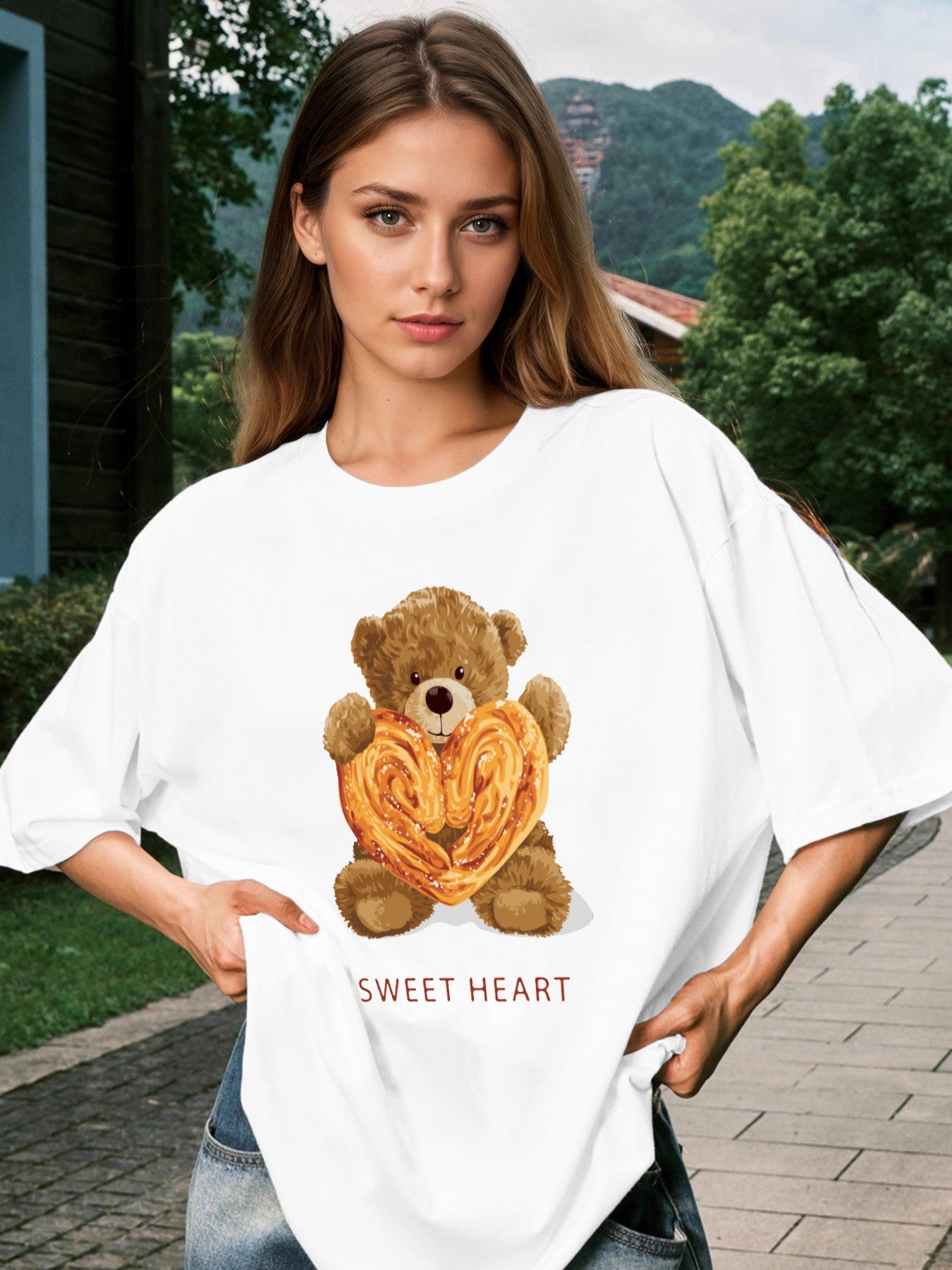 Women Cookies and Cute Bear Print Casual T-Shirt