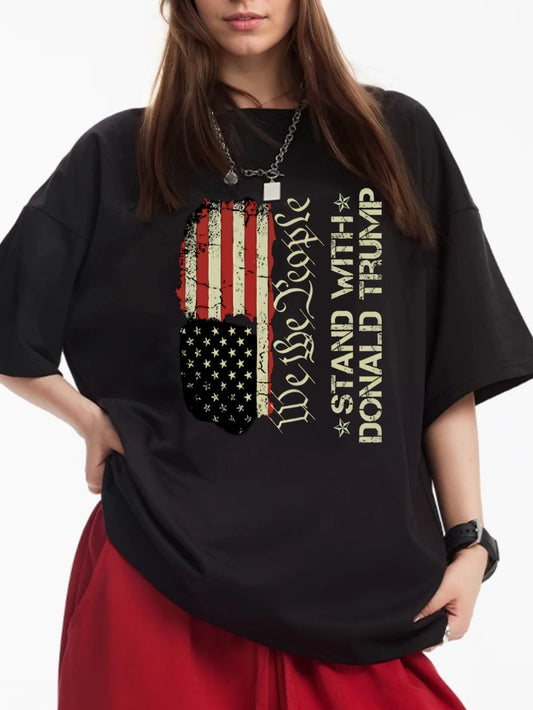 Women Stand With Trump and American Flag Print Casual T-Shirt