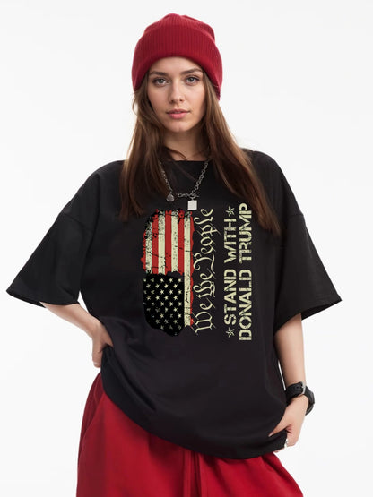 Women Stand With Trump and American Flag Print Casual T-Shirt