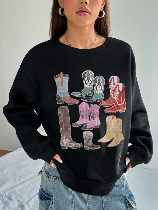 Women Boots Illustration Print Casual Sweatshirt