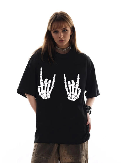 Women Skull Hand Printed Casual Short Sleeve T-Shirt