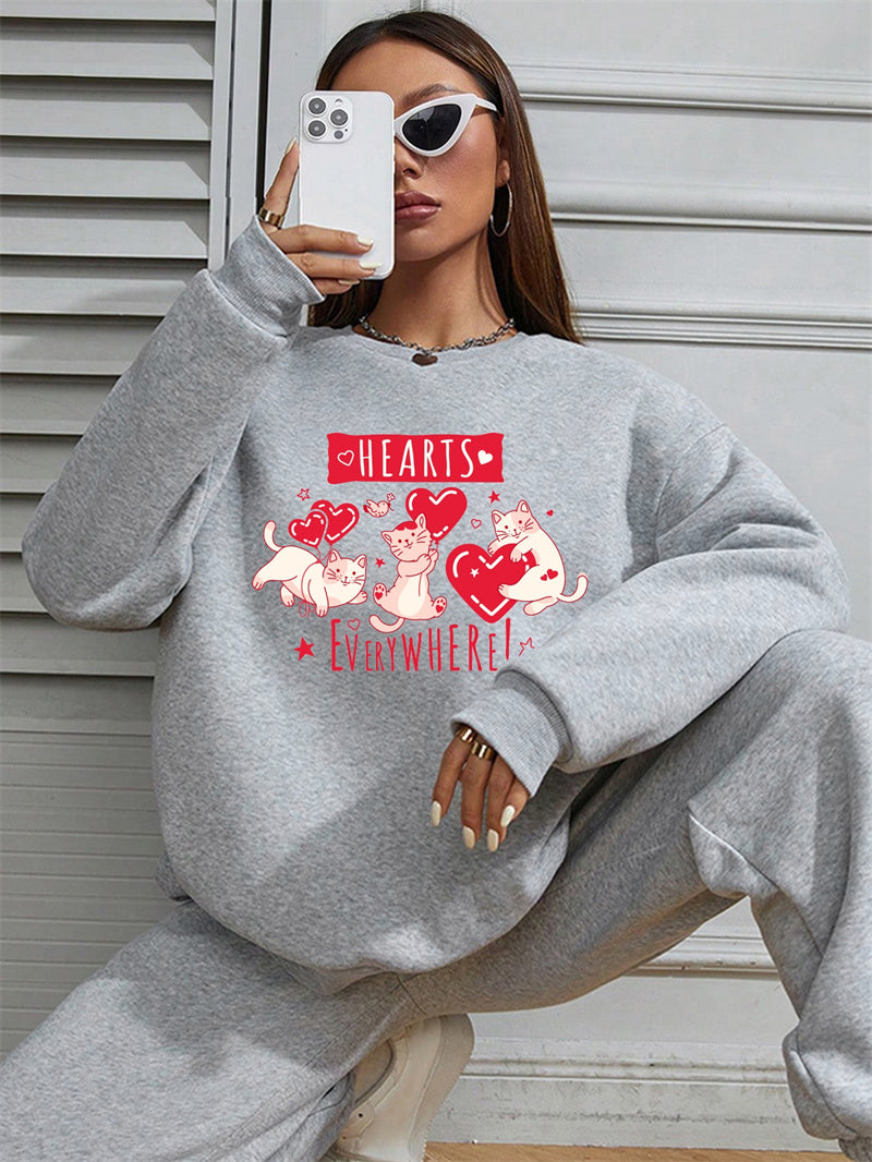 Women Cute Cat HEARTS Print Casual Sweatshirt