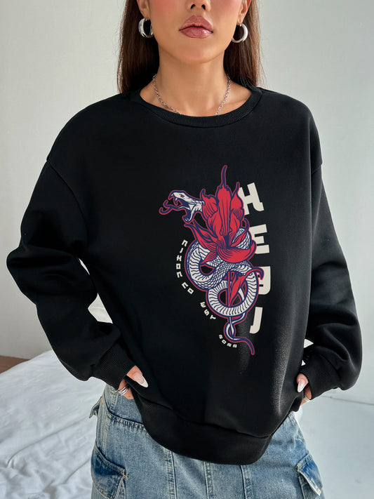 Women Snake Totem Printed Crew Neck Pullover