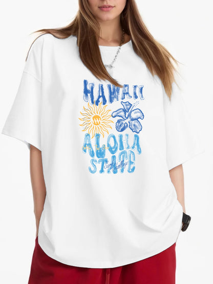 Women HAWAII ALOHA STATE Letter and Flower Print Casual T-Shirt