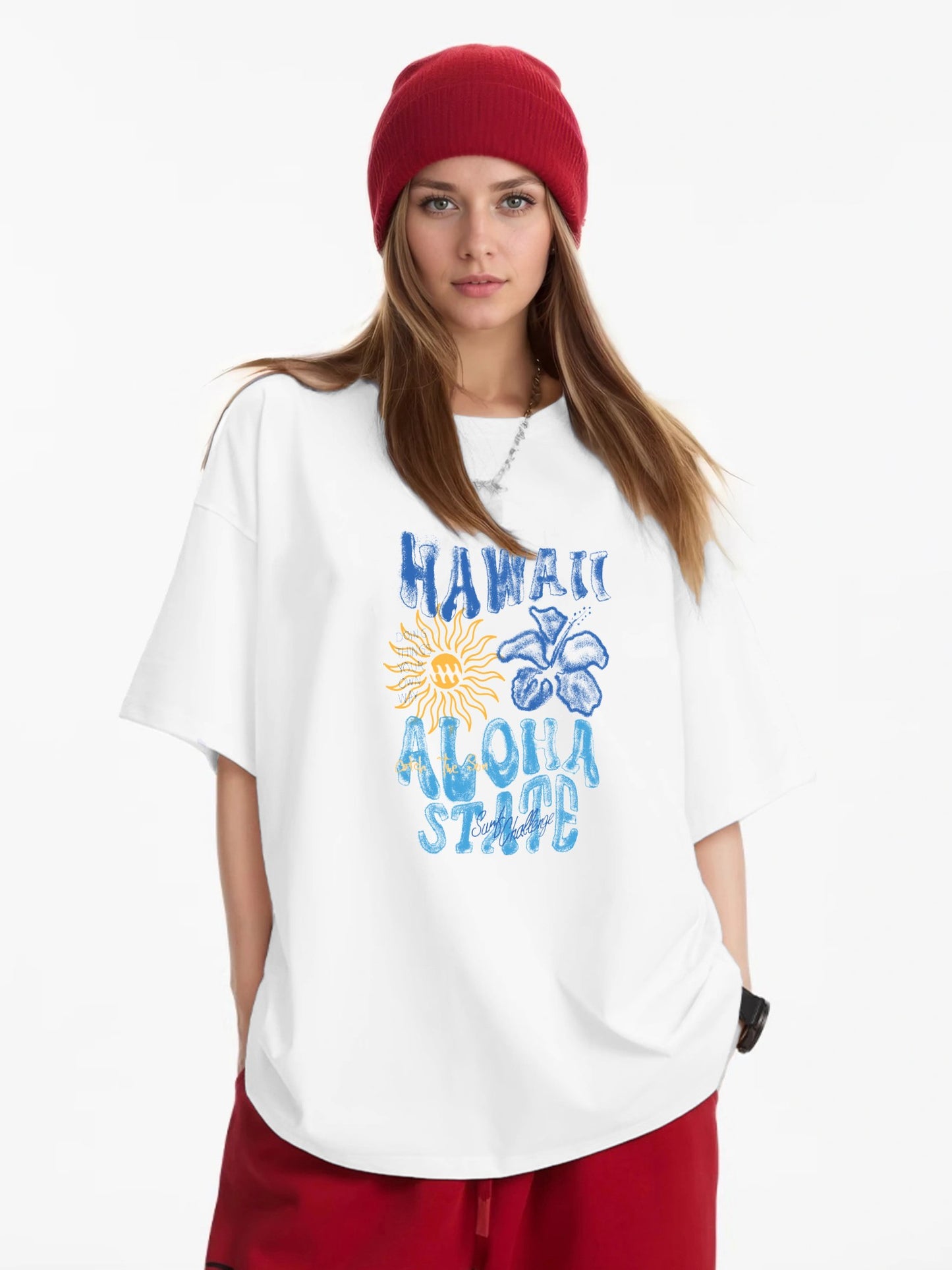 Women HAWAII ALOHA STATE Letter and Flower Print Casual T-Shirt