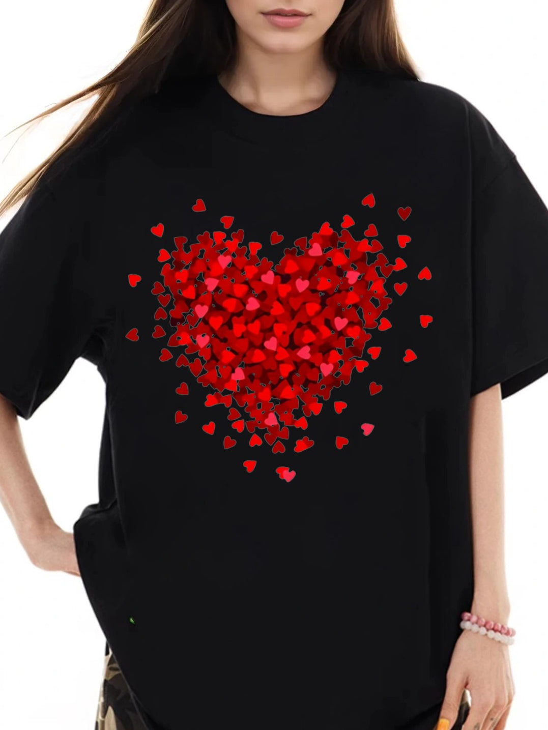 Women Red Heart Printed Casual Short Sleeve T-Shirt