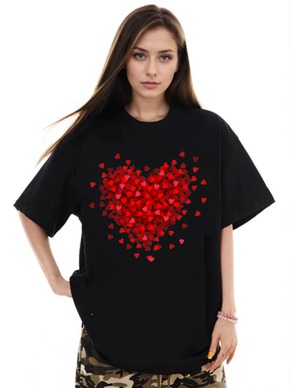 Women Red Heart Printed Casual Short Sleeve T-Shirt