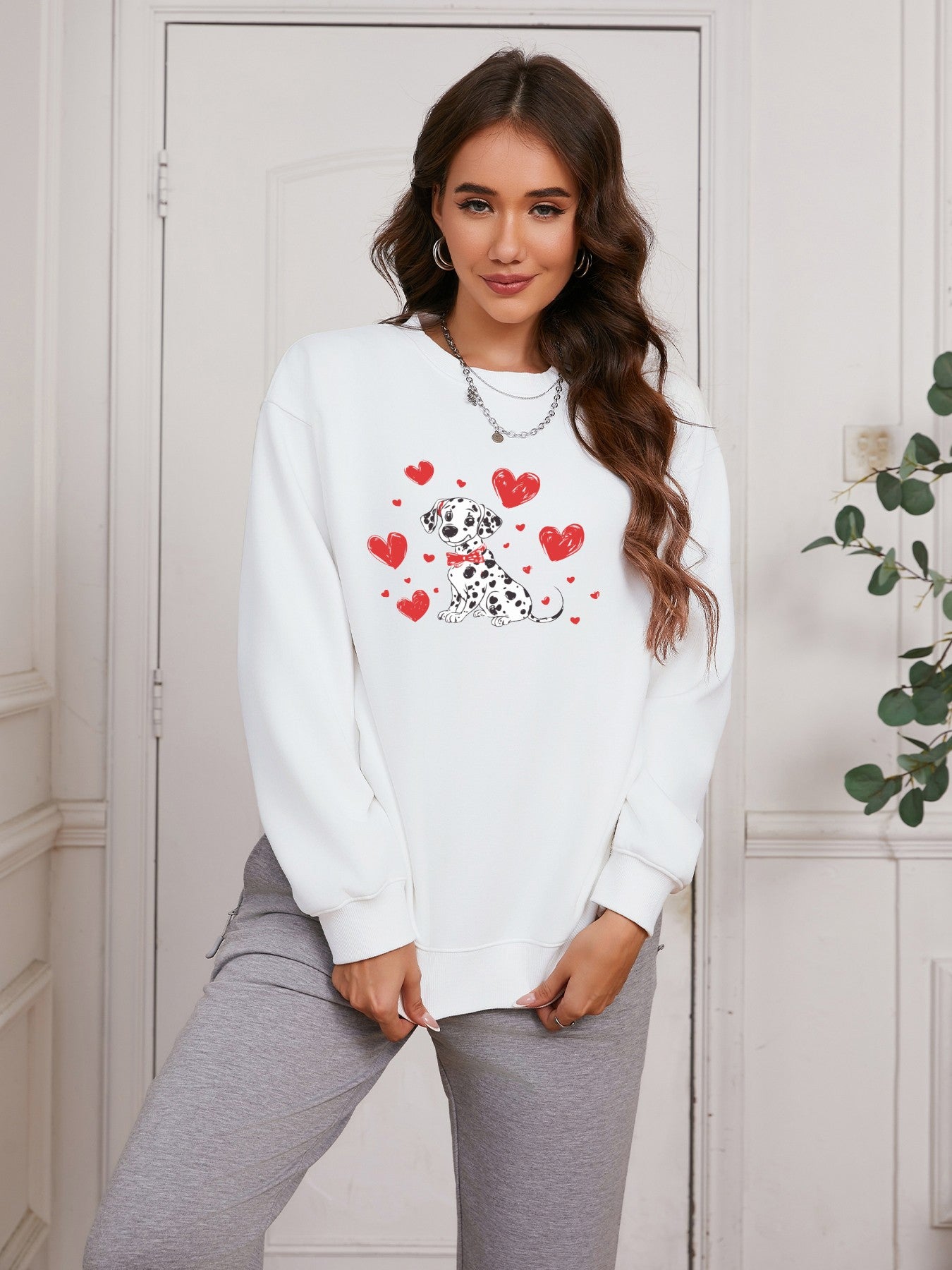 Women Dalmatian & Heart Print Casual Sweatshirt