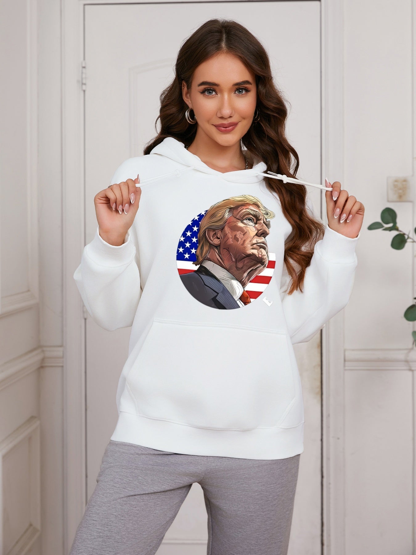 Women Circle American Flag and Trump Print Casual Hoodie