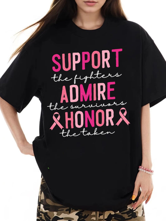 Women SUPPORT ADMIRE HONOR Letter Printed Short Sleeve T-Shirts