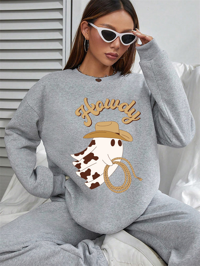 Women Cute Howdy Ghost Print Casual Sweatshirt