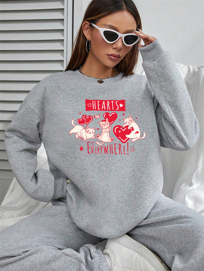 Women Cute Cat HEARTS Print Casual Sweatshirt