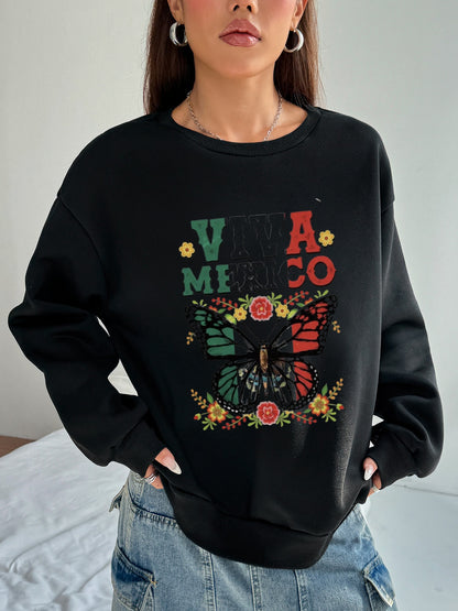 Women Viva Mexico Floral and Butterfly Print Casual Sweatshirt