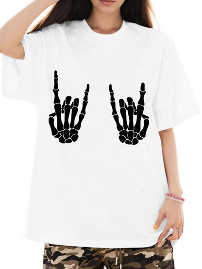 Women Skull Hand Printed Casual Short Sleeve T-Shirt