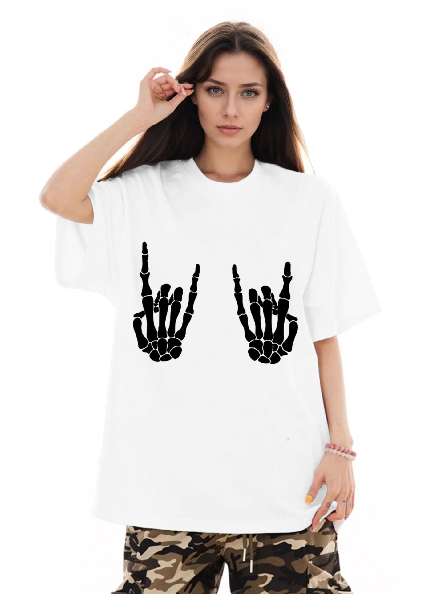 Women Skull Hand Printed Casual Short Sleeve T-Shirt