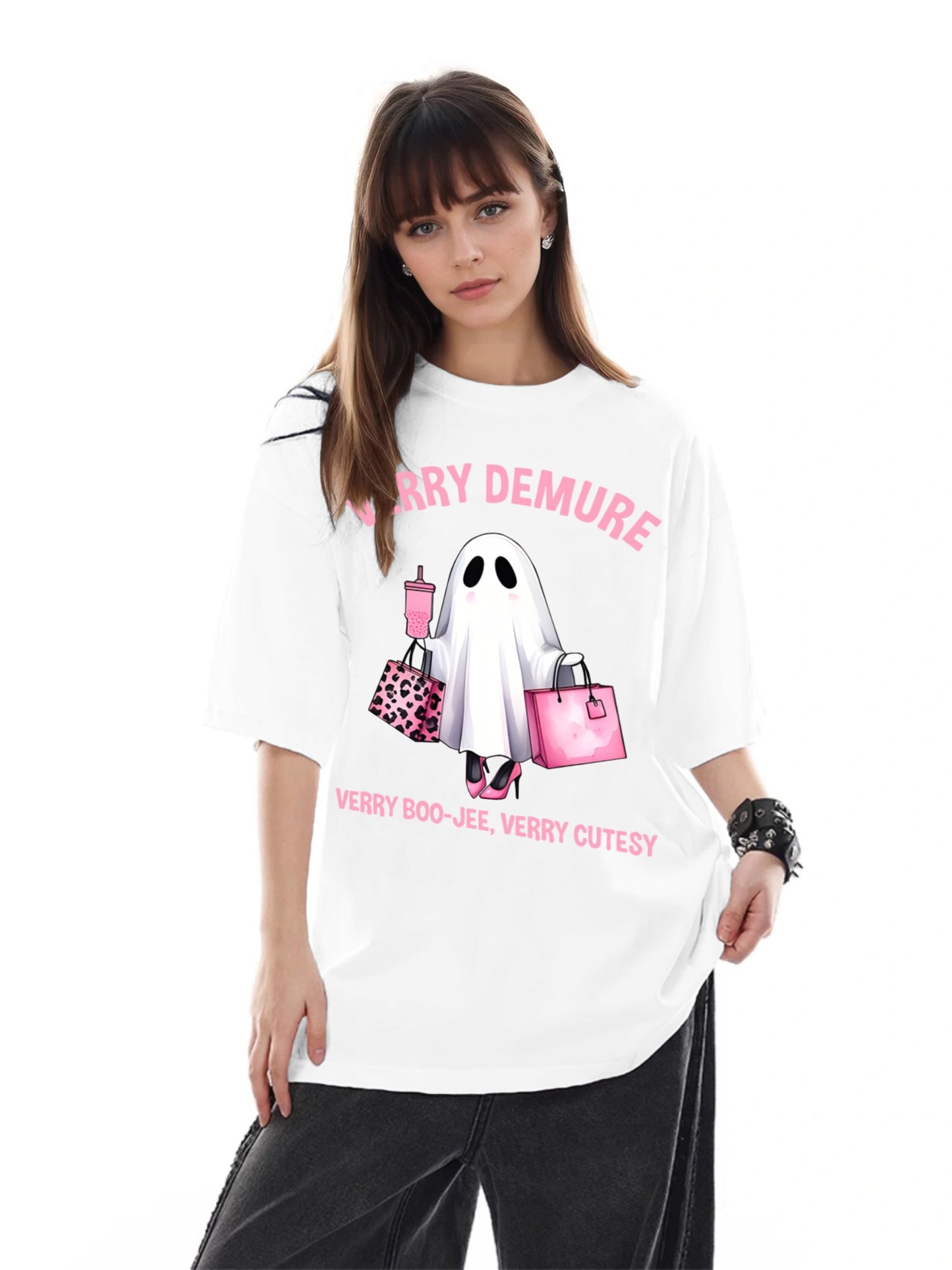 Women Shopping Ghost Cartoon Print Casual Short-Sleeved T-Shirt