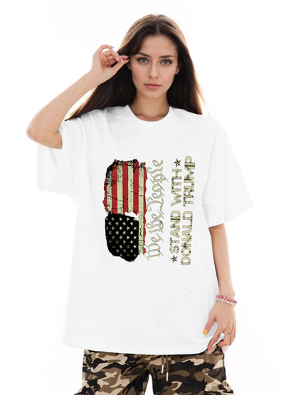 Women Stand With Trump and American Flag Print Casual T-Shirt