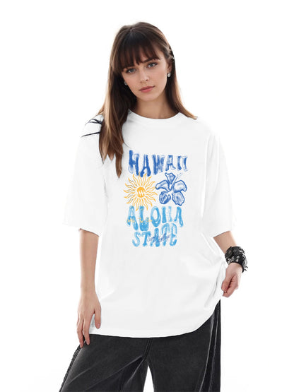 Women HAWAII ALOHA STATE Letter and Flower Print Casual T-Shirt