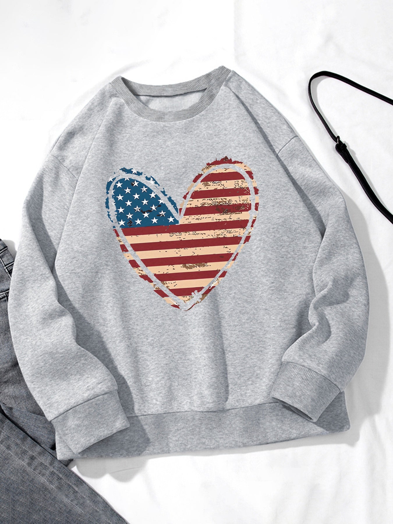 Women USA Flag Heart Printed Casual Sweatshirt