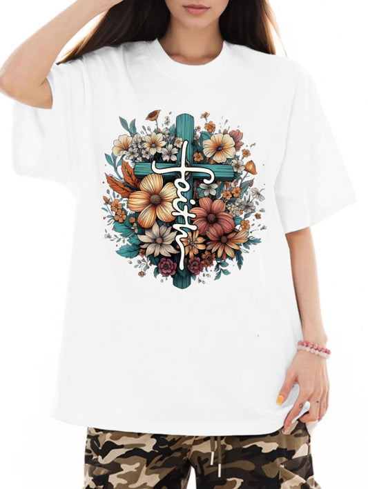 Women Flower and Cross Printed Casual Short Sleeve T-Shirt