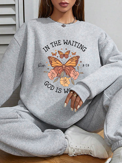 Women Flowers and Butterfly Print Casual Sweatshirt Crew Neck Pullover