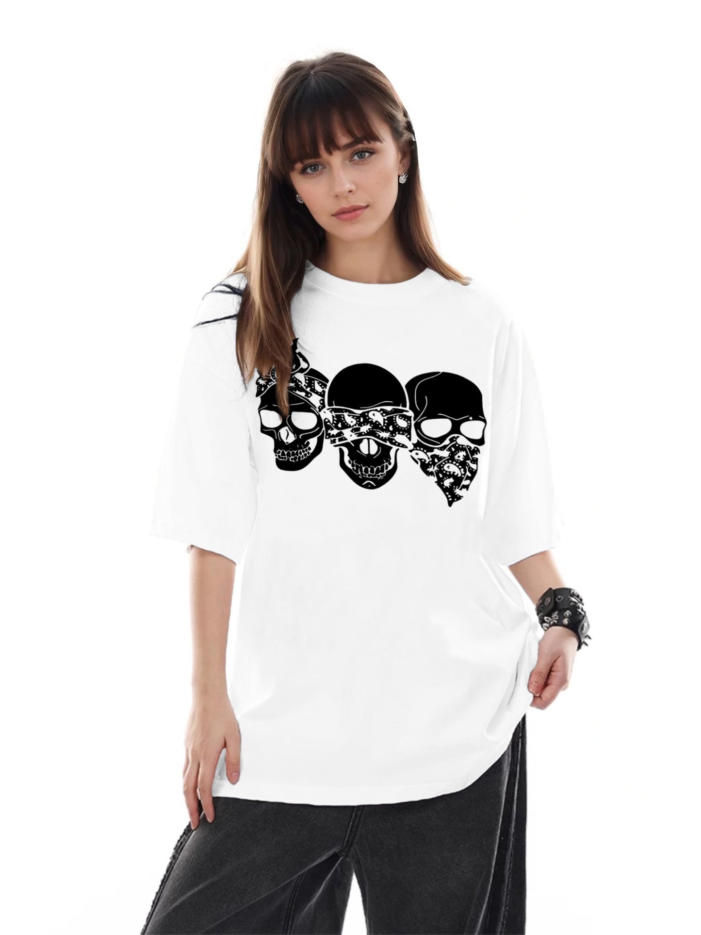 Women Three Skulls Printed Casual Short-Sleeved T-Shirt