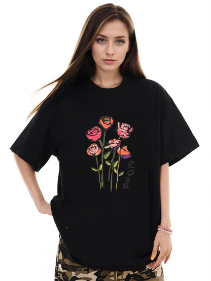 Women Rose Print Casual Regular T-Shirt