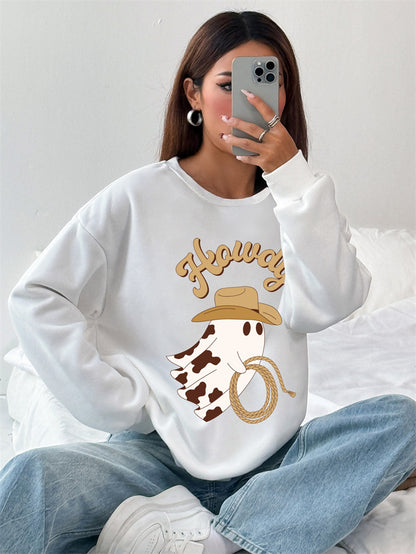 Women Cute Howdy Ghost Print Casual Sweatshirt