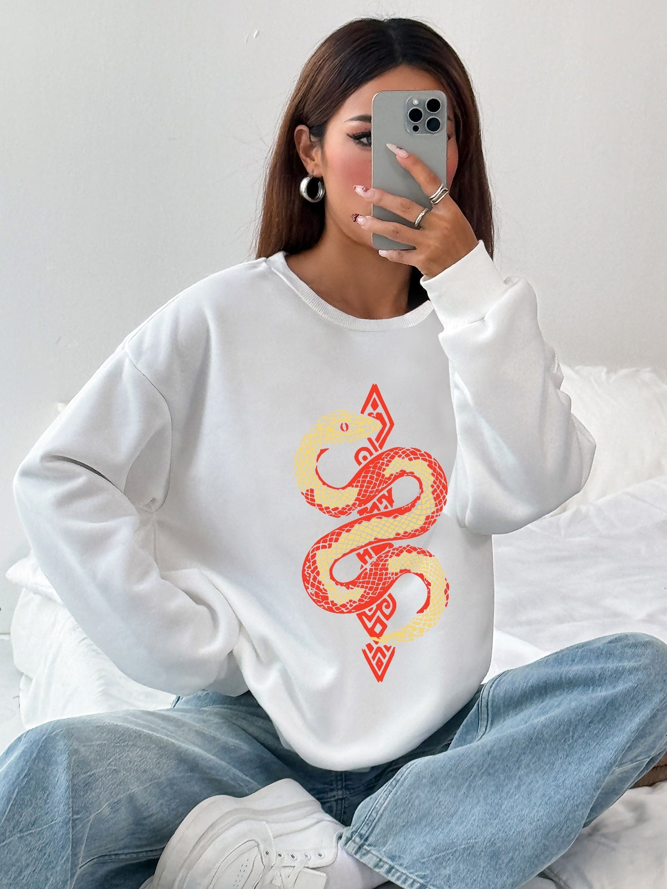 Women Totem Snake Printed Casual Sweatshirt