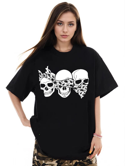 Women Three Skulls Printed Casual Short-Sleeved T-Shirt