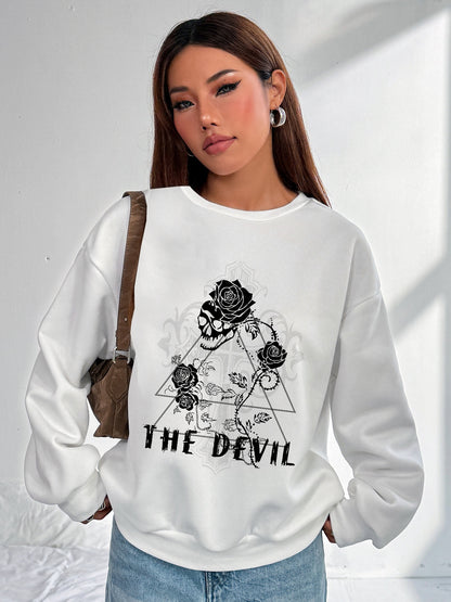 Women Skull and Floral The Devil Printed Oversized Sweatshirts Casual Pullovers