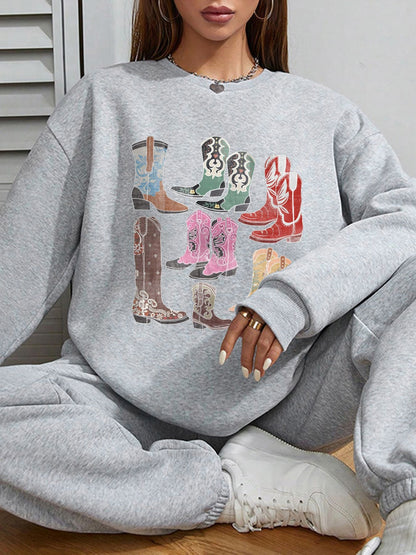 Women Boots Illustration Print Casual Sweatshirt