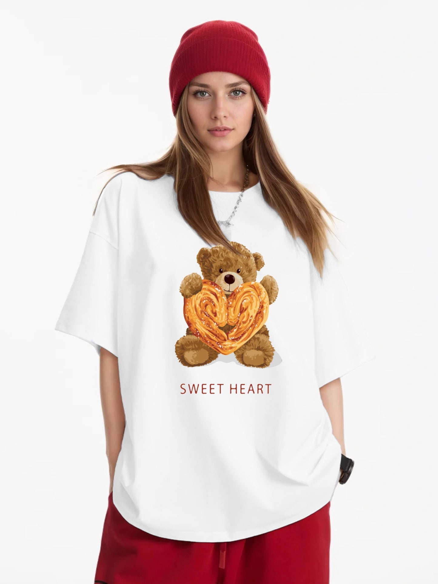 Women Cookies and Cute Bear Print Casual T-Shirt