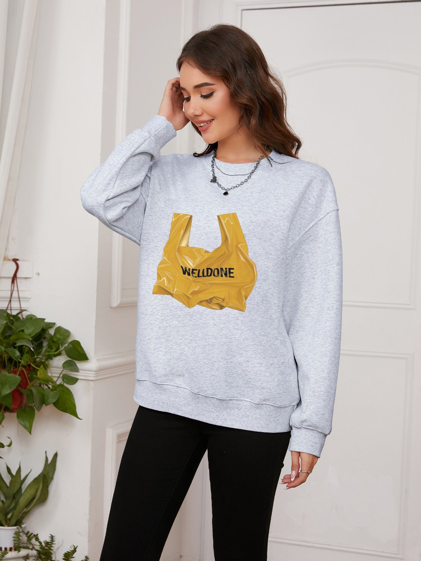 Women Yellow Garbage Bag & Welldone Print Casual Sweatshirt