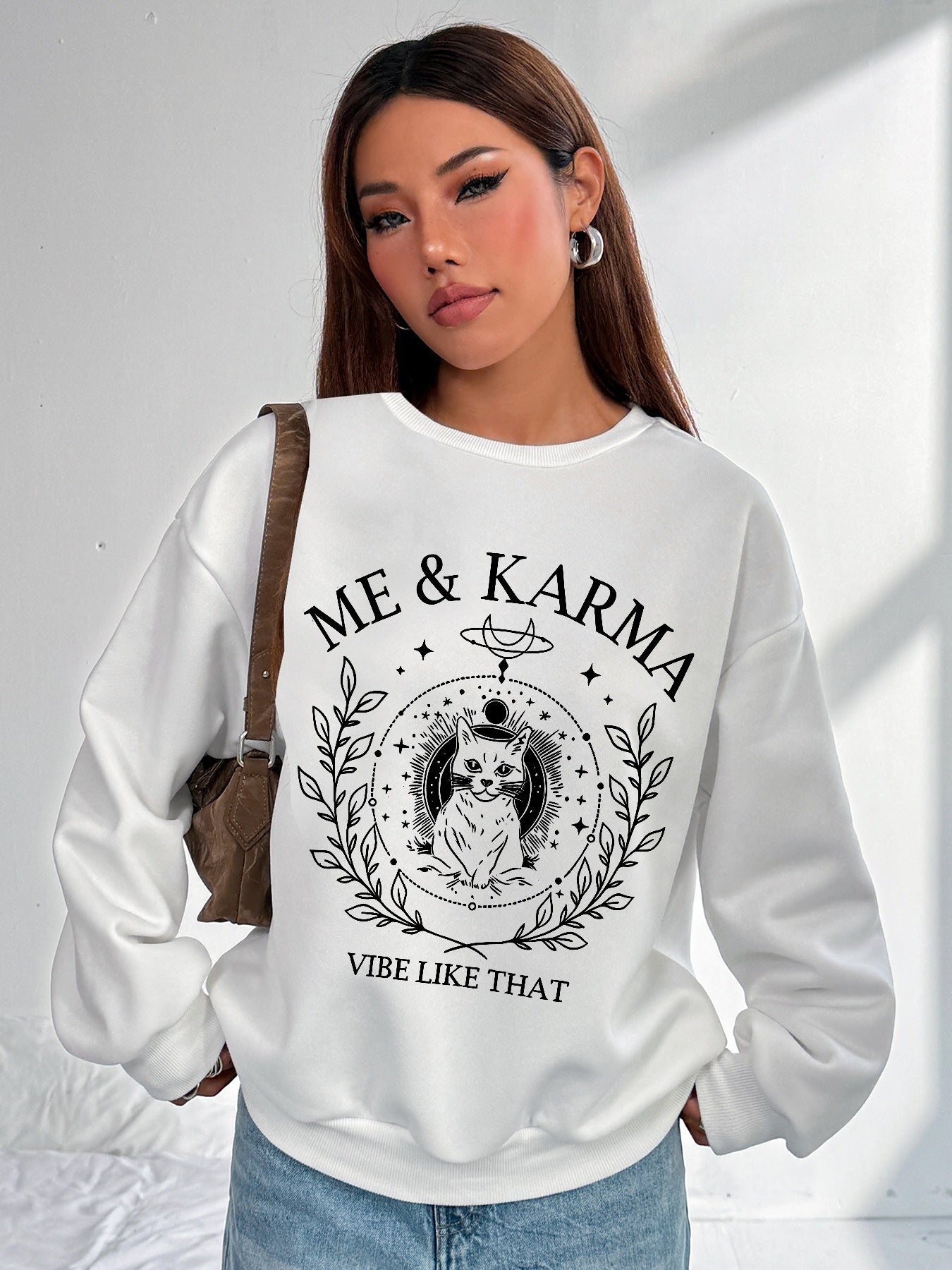 Women Me & Karma Cat Printed Polyester Casual Pullover