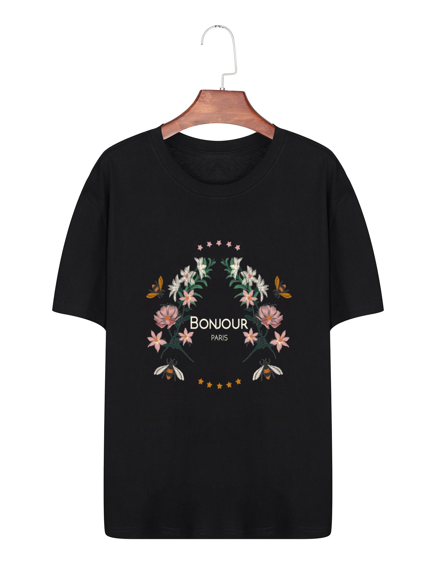 Women BOUJOUR and Flower Print Casual T-Shirt