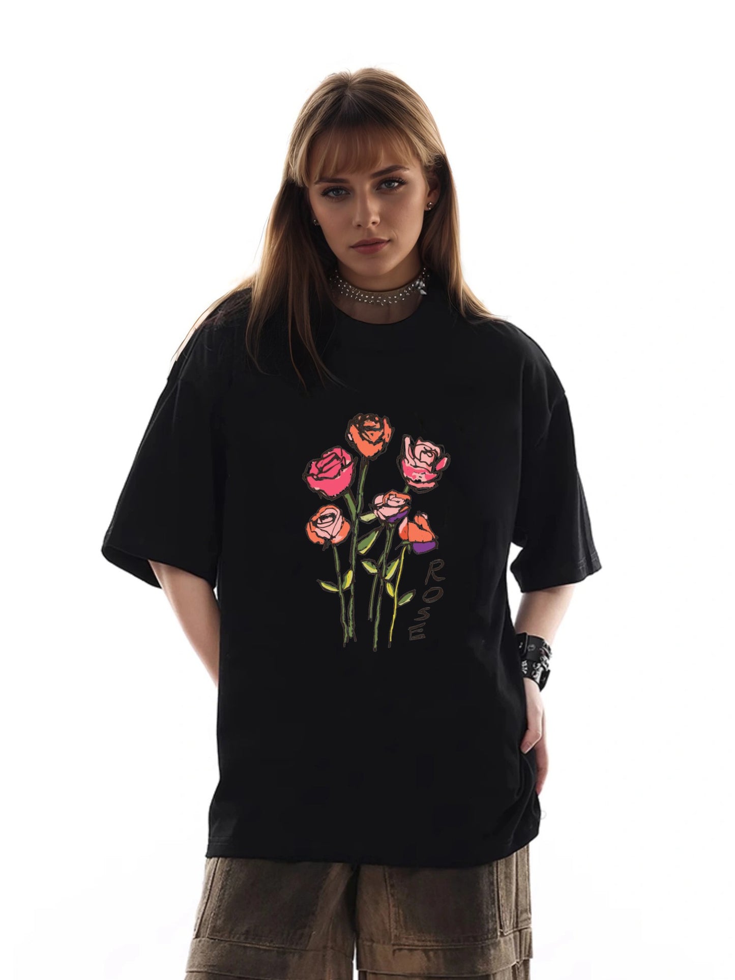 Women Rose Print Casual Regular T-Shirt