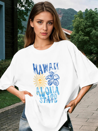 Women HAWAII ALOHA STATE Letter and Flower Print Casual T-Shirt