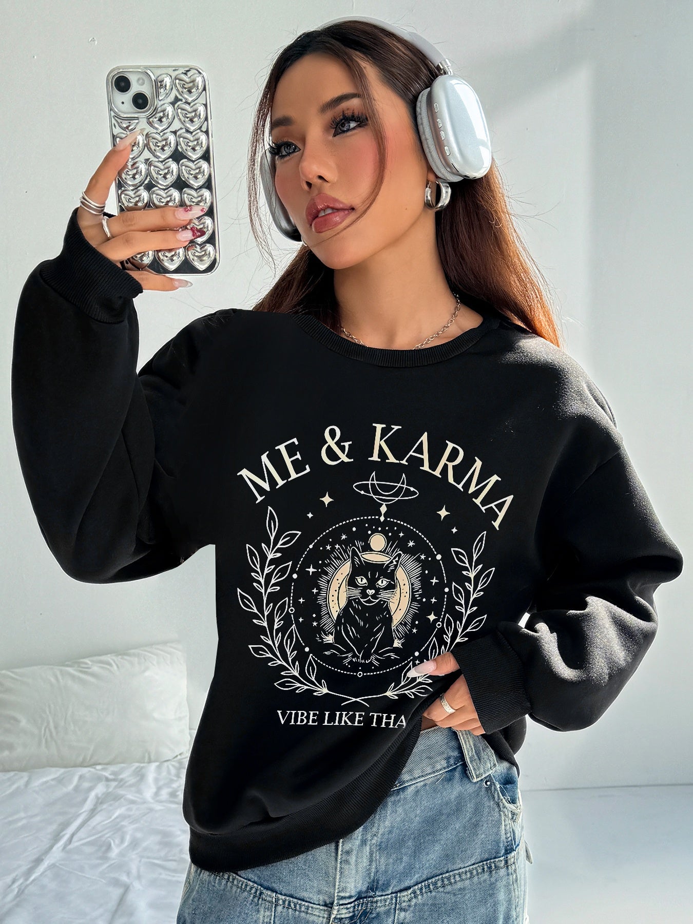 Women Me & Karma Cat Printed Polyester Casual Pullover