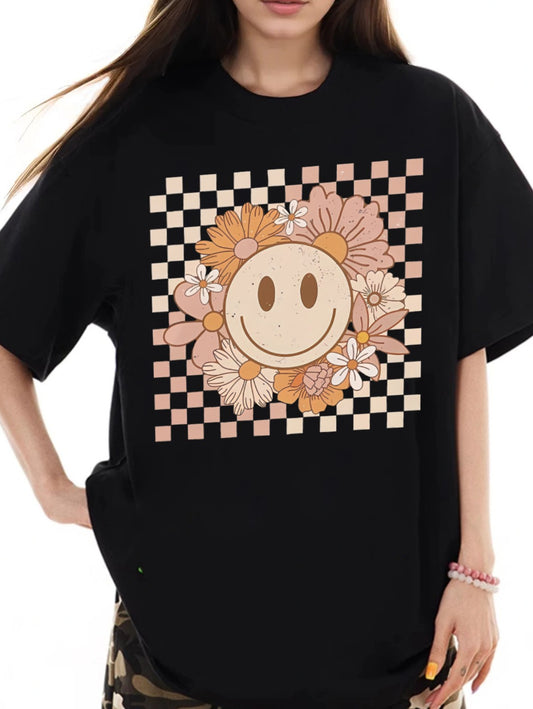 Women Smiley Face Flower Print Casual Short Sleeve T-Shirt