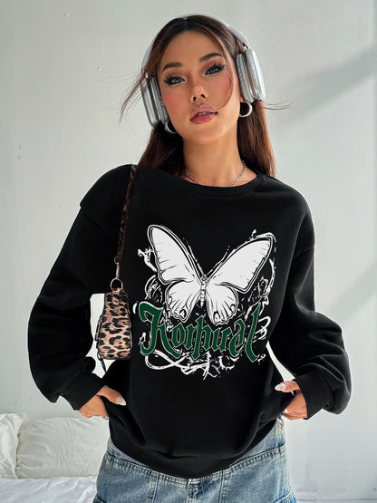 Women Butterfly Crew Neck Long Sleeve Polyester Pullover