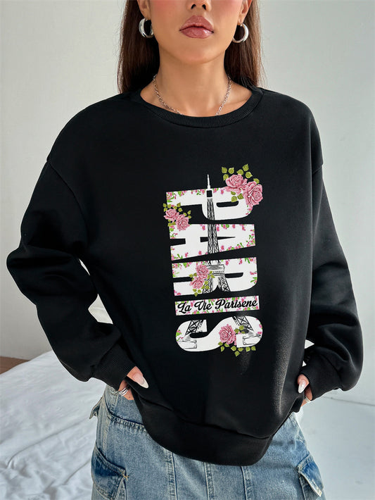 Women Paris Printed Thermal Long Sleeve Polyester Casual Pullover