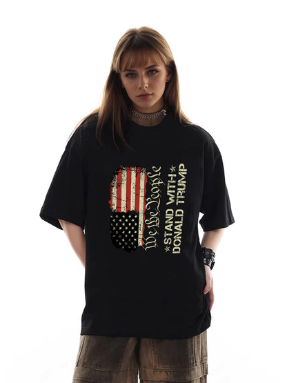 Women Stand With Trump and American Flag Print Casual T-Shirt