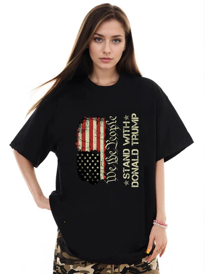 Women Stand With Trump and American Flag Print Casual T-Shirt