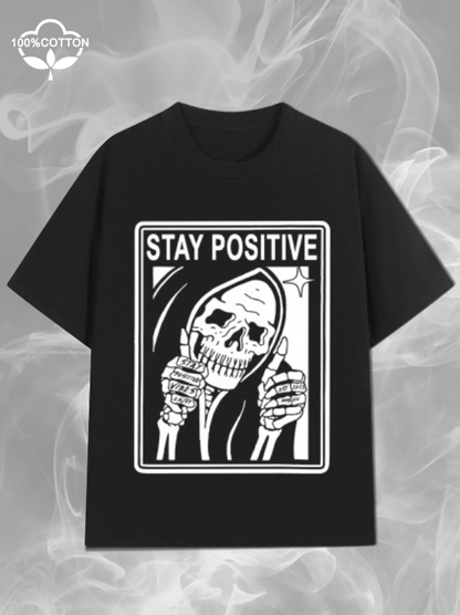 Women's Stay Positive Skull Print Loose Casual Short Sleeve T-Shirt