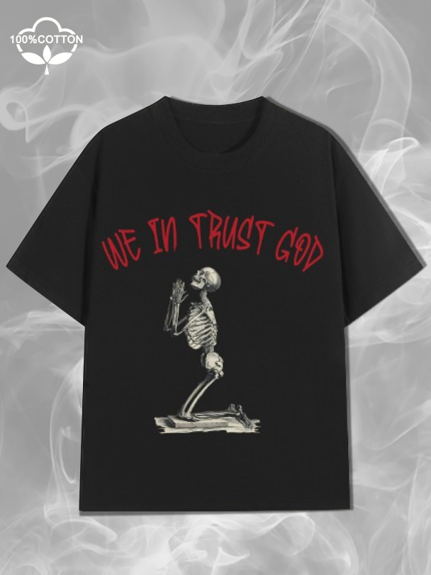 Women's We In Trust God Praying Skull Print Loose Casual Short Sleeve T-Shirt