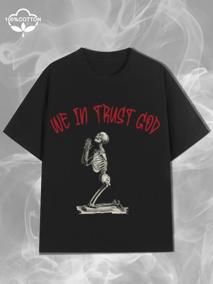 Women's We In Trust God Praying Skull Print Loose Casual Short Sleeve T-Shirt